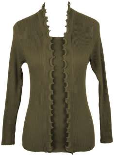   Sleeve Mock Elegant Ruffle Knit Cardigan Sweater   OLIVE GREEN  