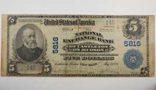 Series 1902 $5 National Currency Note, Castleton on Hudson NY  