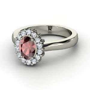 Princess Kate Ring, Oval Red Garnet 14K White Gold Ring with Diamond
