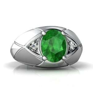   14K White Gold Oval Genuine Emerald Mens Mens Ring Size 7 Jewelry
