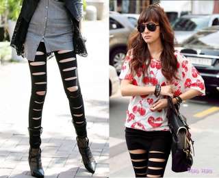 Black Korea NEW Japan Celebrity Ripped Cotton Stripes Leggings Tights 