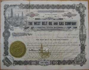 1917 Stock Certificate West Belt Oil & Gas Co Colorado  