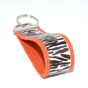 White Zebra Print 6   Orange   Fabric Keychain Key Fob Ring 