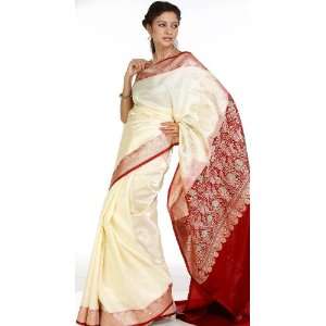 Ivory and Red Banarasi Sari with Golden Bootis and Brocaded Anchal 