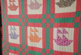 CHEERY 30s Sailboat Antique Quilt ~NICE VINTAGE FABRIC  
