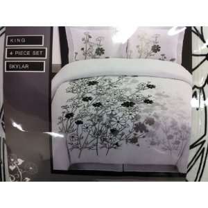  Skylar White and Black King Size 4 Piece Bedding Set