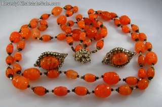 Vintage Miriam Haskell Salmon Glass Beaded Necklace Earrings Set 