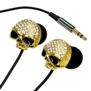   Metal Studded Gold Chrome Skull Earbuds Earphone 