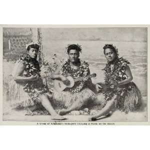  1899 Print Hawaiian Hula Girls Ukulele Lei Grass Skirt 