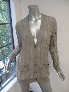 360 Cashmere Gray Long Sleeve Shredded Button Down Cardigan S  