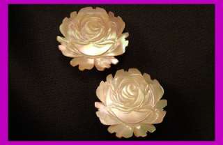 VINTAGE MOTHER OF PEARL CARVED WHITE ROSE CLIP EARRINGS  
