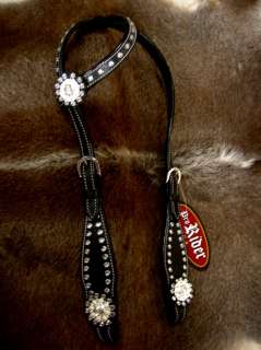   LEATHER HEADSTALL BARREL SHOW TACK BLACK RODEO SILVER FLORAL HS58