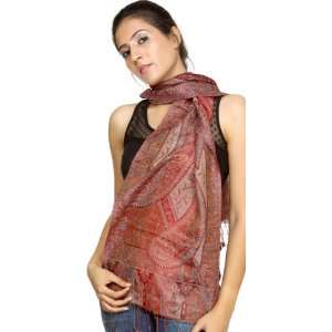    Red and Gray Woven Jamawar Scarf   Pure Silk Wool 