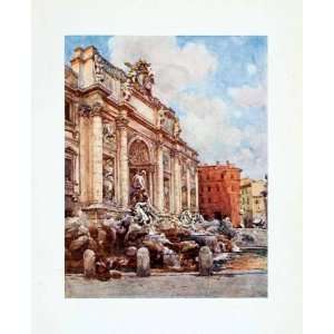  1905 Color Print Fountain Trevi Rome Italy Historic 