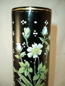 Victorian Black Glass Enameled Vase on Silverplate Stand  