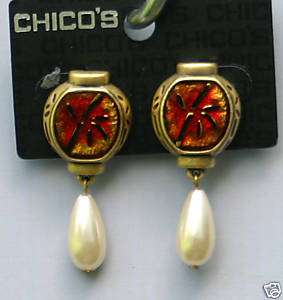 CHICOS EARRING JEWELRY DESIGNER ASIAN BRASS FALL PEARL  