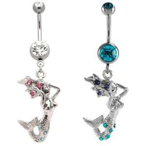  Turquoise Crystal Dangling Mermaid Belly Ring   14g (1.6mm 