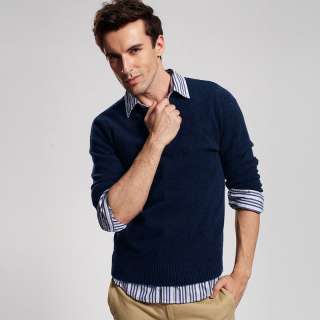 Vancl Crew Neck Premium Wool Mens Sweater Navy Blue#0080509  