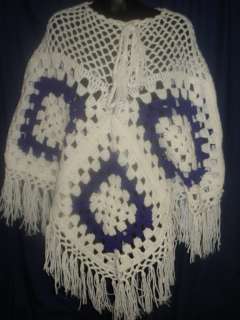  and White Crochet Poncho Cape Handmade Retro 1S18 Crocheted  