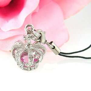  Silver Royal Crown Pink Crystal Cell Phone Charm Strap 