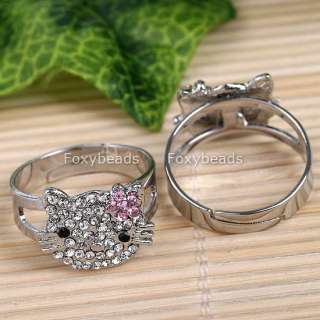   PINK CRYSTAL FLOWER HELLOKITTY SILVER PLATE CUTE FINGER RING #9  