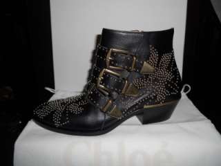 Chloe Susannah Susan Suzanne Leather Studded Buckled Ankle Boots Black 