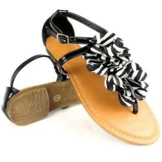 Womens Ruffled T Strap Flat Thong Sandals Black Size 5 10 / zebra 