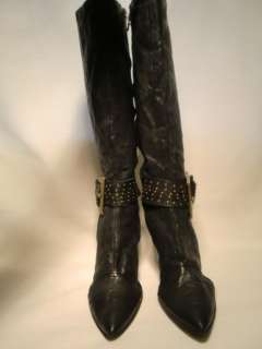 VTG Rossella Lopes Studded Pinty tall Knee Black Leather Boots sz 38 
