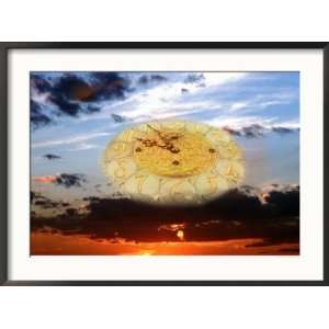  Clock in Sky with Red Sunset Collections Framed 