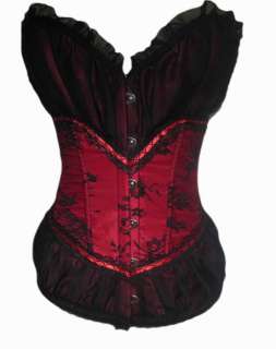 CC13 Burlesque Showgirl Black Red Satin Lace Corset Costume Moulin 