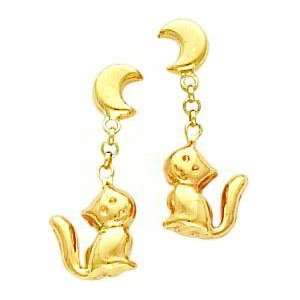    14K Yellow Gold Moon & Cat Dangle Earrings Jewelry Jewelry