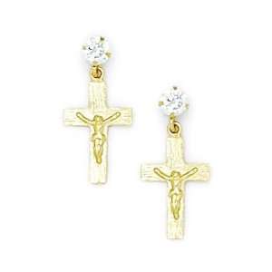  14k Yellow Gold CZ Dangle Religious Cross Stud Earrings 