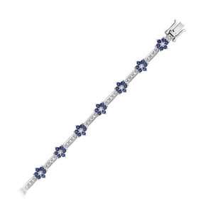 14K White Gold Blue Sapphire & Diamond Floral Design Bracelet (I3 I4 