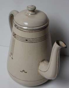 Antique Art Deco cream gold line enamel tea pot.1920s  