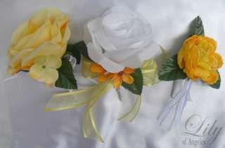 rosebud accented with yellow hydrangeas decorated with white satin bow