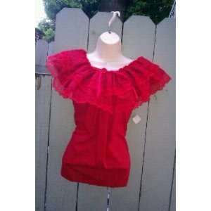  Mexican Red Ruffle Blouse Size Large 