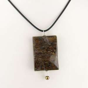 Wavy Bronzite Stone Pendant 18 Inch Rubber Cord Necklace 925 Sterling 