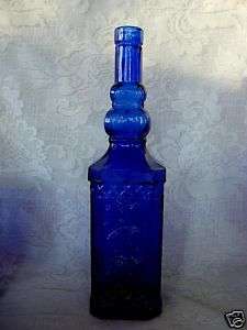Tall Cobalt Blue Pressed Glass Bottle   Made in Spain  