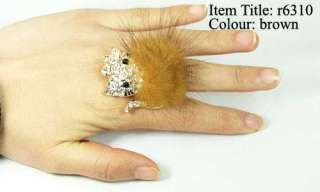 Luxury Gold Plating Feather Kitty Cat Gemstone CZ Adjust Cocktail Ring 