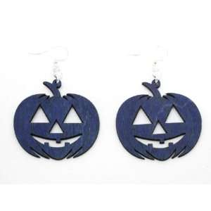  Evening Blue Pumpkin Jack O Lantern Wooden Earrings GTJ 