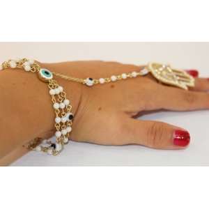   Ivory Beads Hamsa Hand Triple Bracelet / Ring Arts, Crafts & Sewing