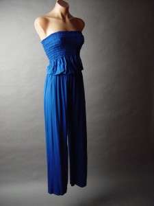Strapless Smocked Tube Top Casual Jersey Knit Lounge Pant Bold Blue 