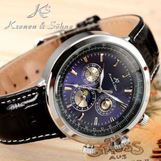 KS Men Leather Band Automatic Mechanical Moon Phase Date Day 