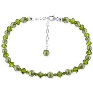  Sterling Silver Green Imitation Pearl and Crystal Necklace 