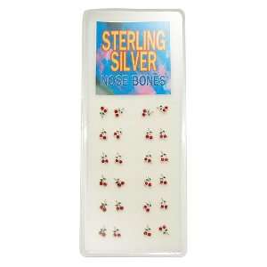 Sterling Silver Nose Studs with Red & Green CZs   Cherry   (20 Pieces 