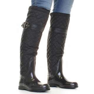 WOMENS BLACK QUILTED FLEECE LINED WELLIES WELLINGTON SNOW RAIN BOOTS 