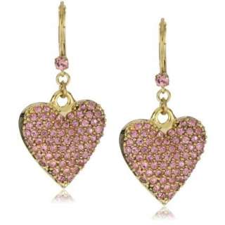 Betsey Johnson Gold Pink Crystal Heart Drop Earrings   designer shoes 