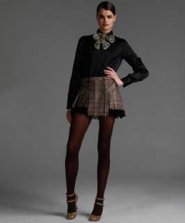brown metallic tweed plaid wool blend pleated mini skirt   