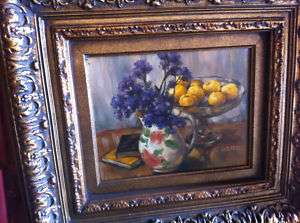 Hand Painted Oil Painting of Flowers with Fruit Bowl  