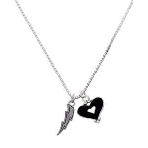  Silver Lightning Bolt and Black Heart Charm Necklace 